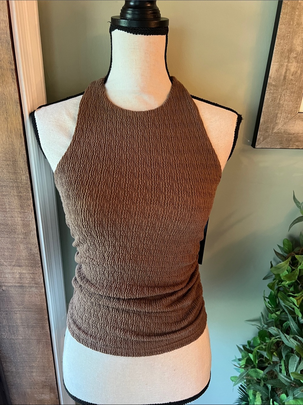 Moa Moa Brown Sleeveless Textured Halter Top